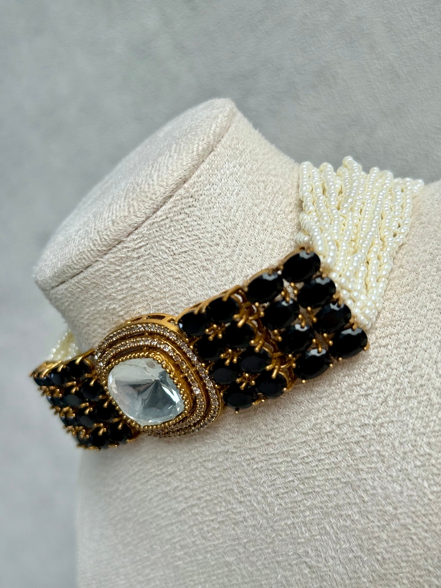 Ayura Designs Emma Choker Set – Black Gemstone Choker & Studs with Mirror-Cut Centrepiece, Pearl Strands & Crystal Borders