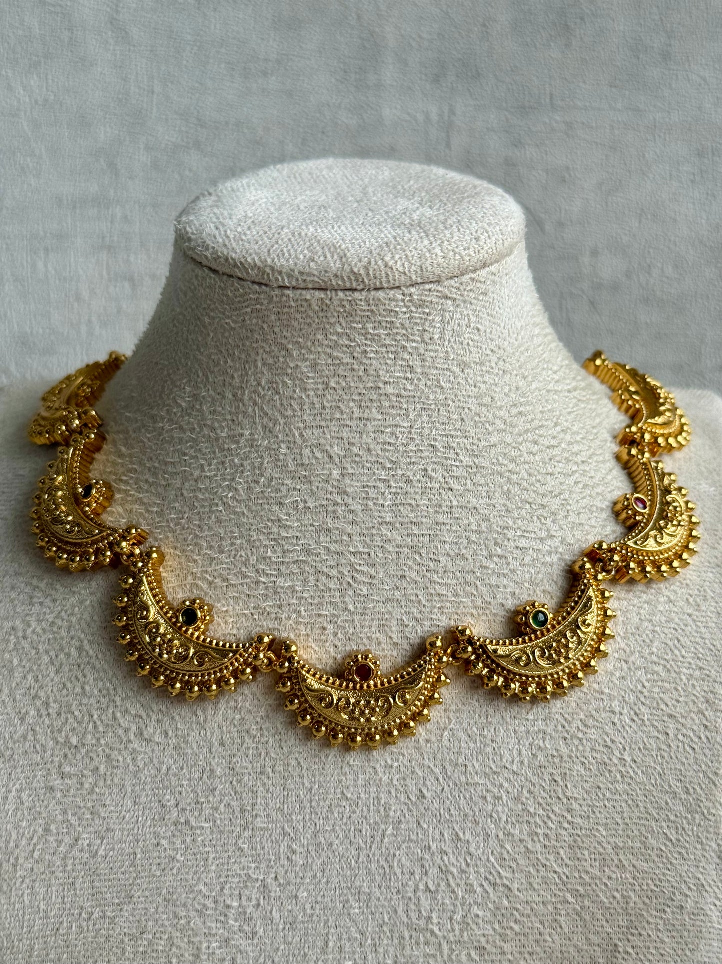 Ayura Designs Dhun Set – Necklace & Earrings with Antique Gold Crescent Motifs, Rani Pink & Emerald Detailing