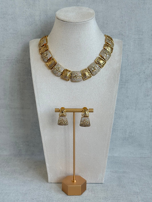 Ayura Designs Vibha Necklace & Stud Earrings Set – Gold Floral Statement Design with Crystal Detailing