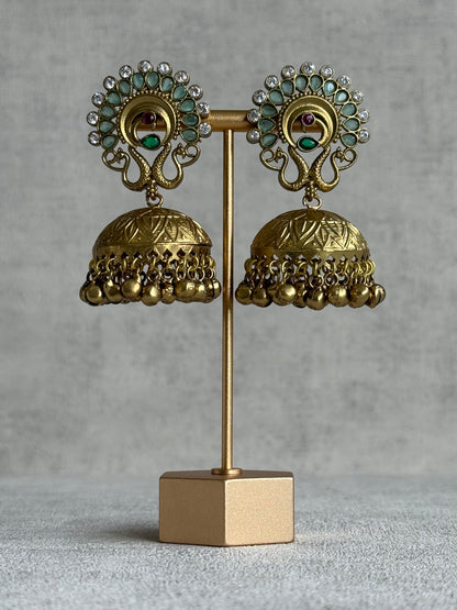 Ayura Designs Moraya Jhumkis – Mint Green Peacock Motif with Antique Gold Detailing