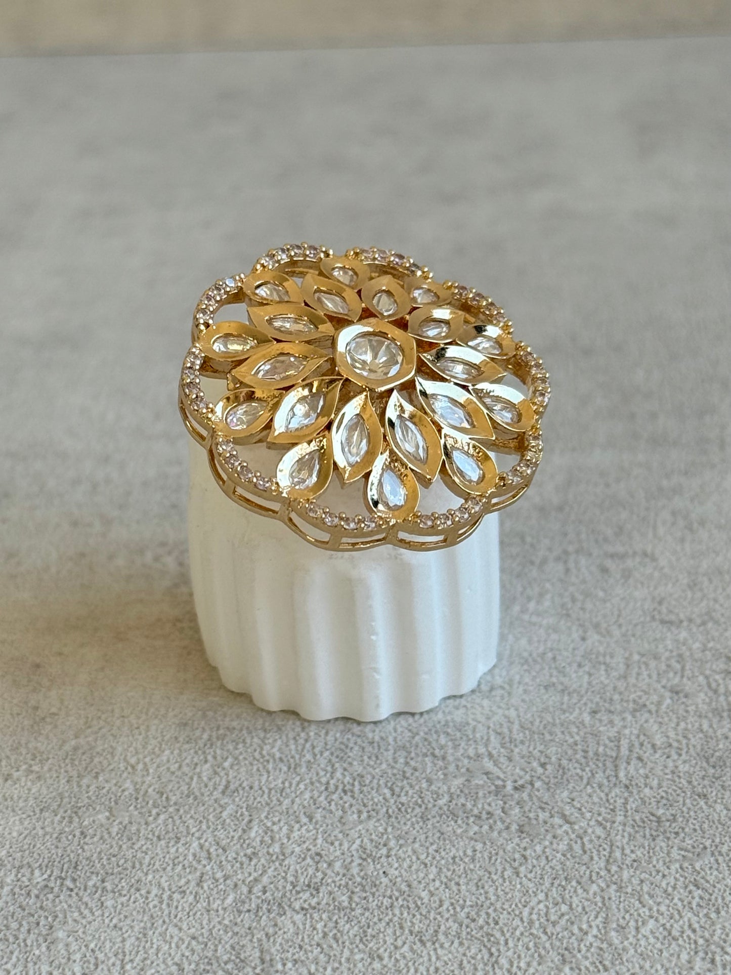 Ayura Designs Elisa Adjustable Ring – Moissanite Floral Ring with Clear Crystal Centre & Crystal Border