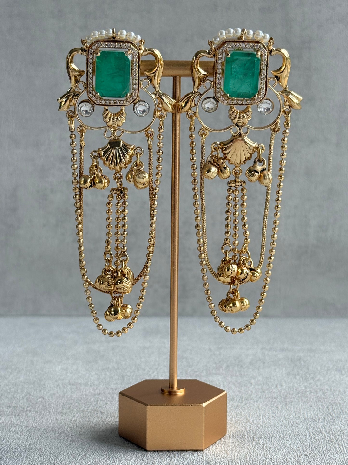 Ayura Designs Jaid Earrings – Jade Green Floral Motif with Layered Chains & Ghungroos