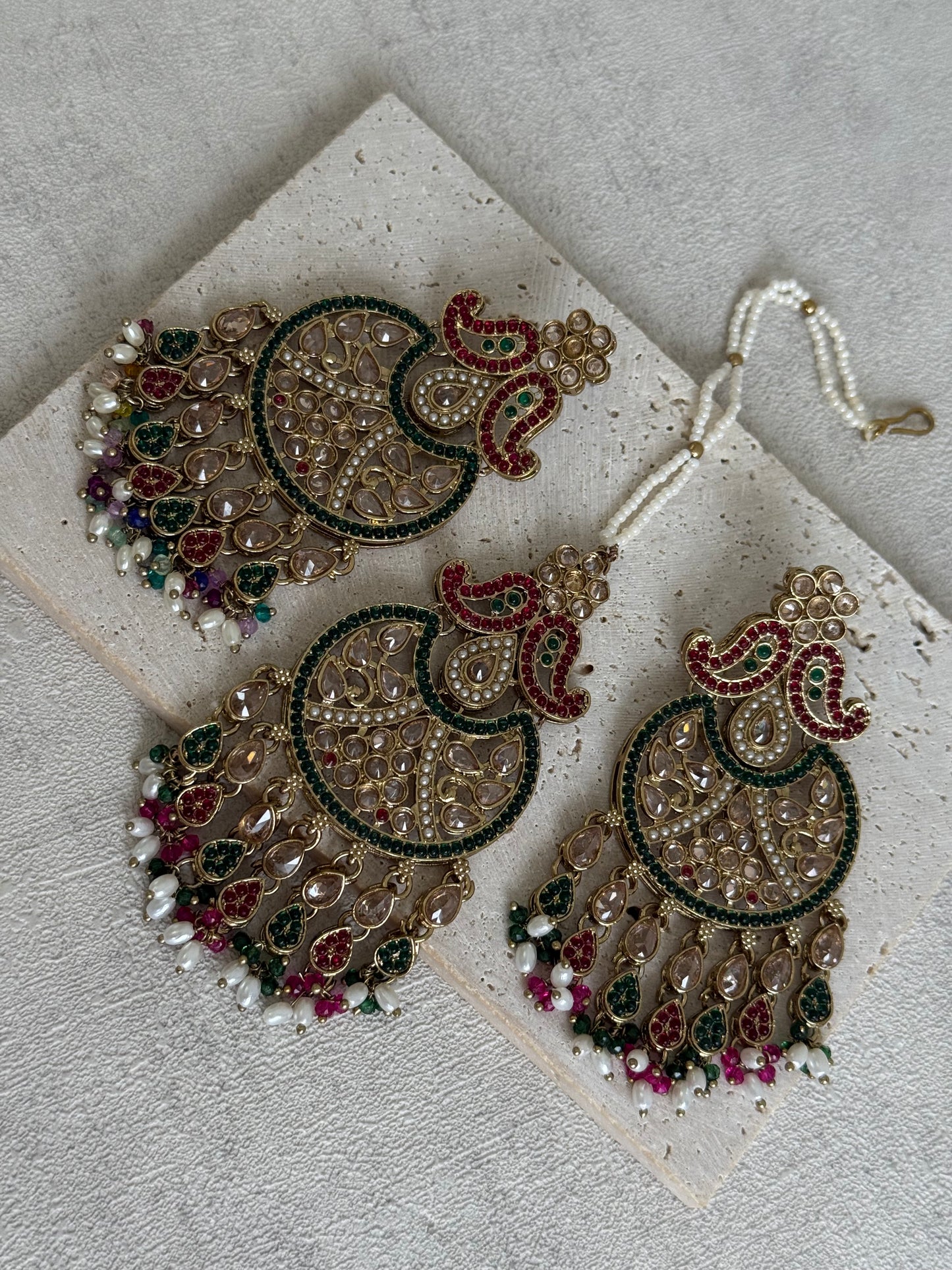 Ayura Designs Anvi Tikka Set with Earrings – Ruby Red & Emerald Green with Champagne Stones