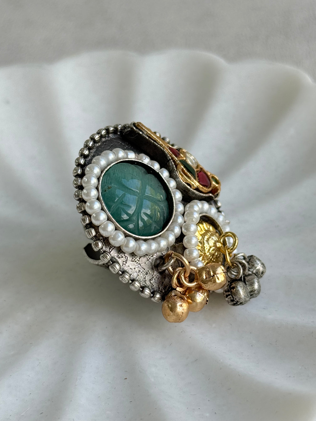 Ayura Designs Mihika Adjustable Ring – Oxidised Statement Ring with Green Stone, Pearl Detailing & Parrot Motif