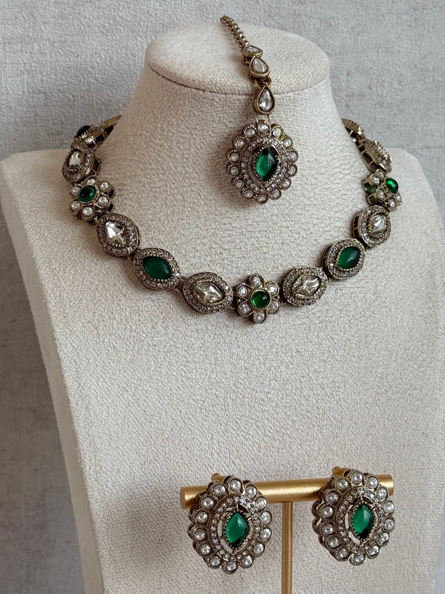 Ayura Designs Ivy Necklace Set with Studs & Tikka – Emerald Green Kundan Detailing