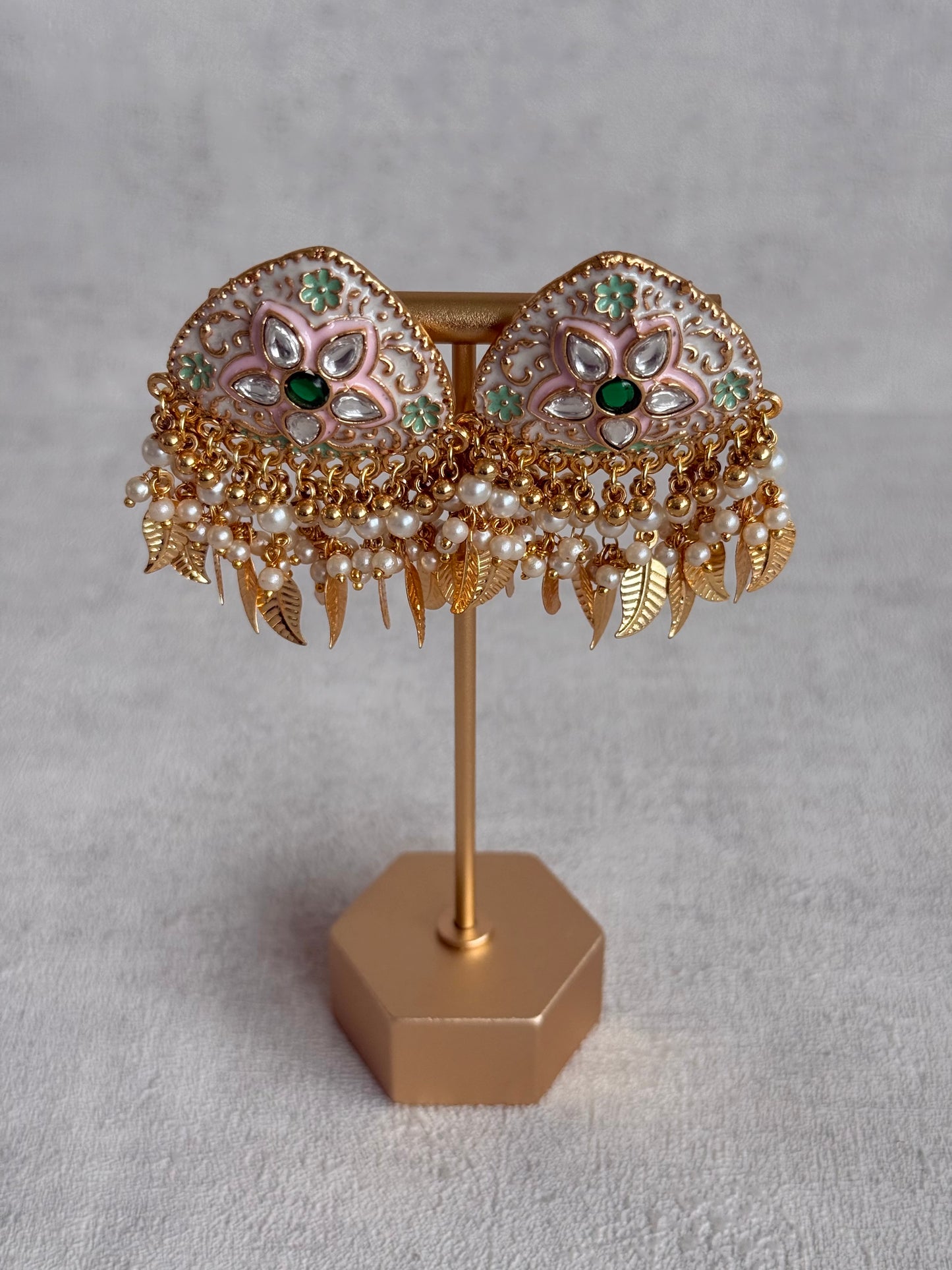 Ayura Designs Rozina Earrings – Floral Meenakari Earrings with Emerald Green Centre Stone, Pearl Clusters & Gold Leaf Charms