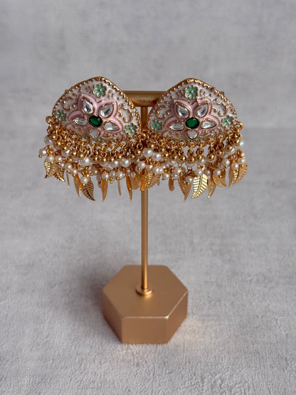 Ayura Designs Rozina Earrings – Floral Meenakari Earrings with Emerald Green Centre Stone, Pearl Clusters & Gold Leaf Charms