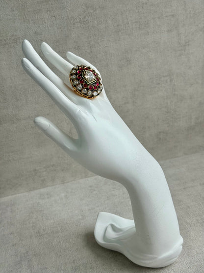 Ayura Designs Lara Adjustable Ring – Mirror-Cut Statement Ring with Ruby Pink Stones & Green Enamel Detailing