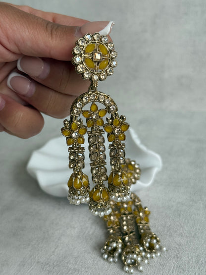 Ayura Designs Soraya Earrings – Yellow Stones, Champagne Crystals, Pearl Detailing & Gold Finish