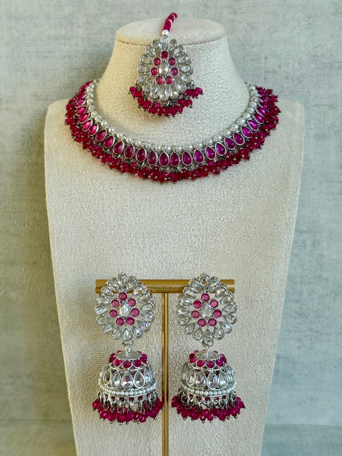 Ayura Designs Saima Set – Necklace, Jhumkis & Tikka in Fuchsia Pink with Silver Finish