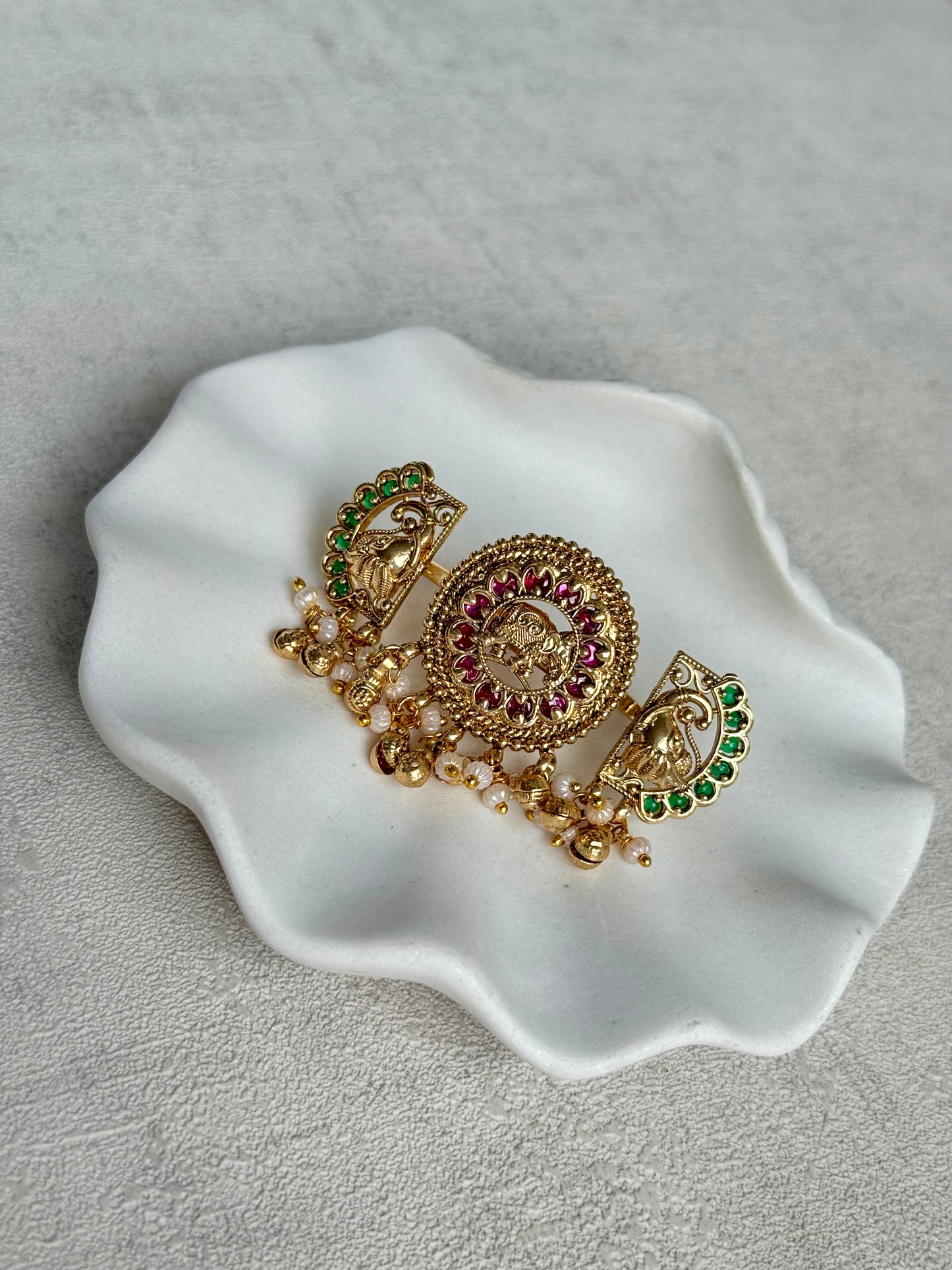 Ayura Designs Nira Adjustable Ring – Jadau-Inspired Gold Elephant Motifs with Rani Pink & Emerald Green Stones, Pearl Drops & Ghungroos