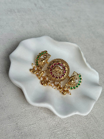 Ayura Designs Nira Adjustable Ring – Jadau-Inspired Gold Elephant Motifs with Rani Pink & Emerald Green Stones, Pearl Drops & Ghungroos