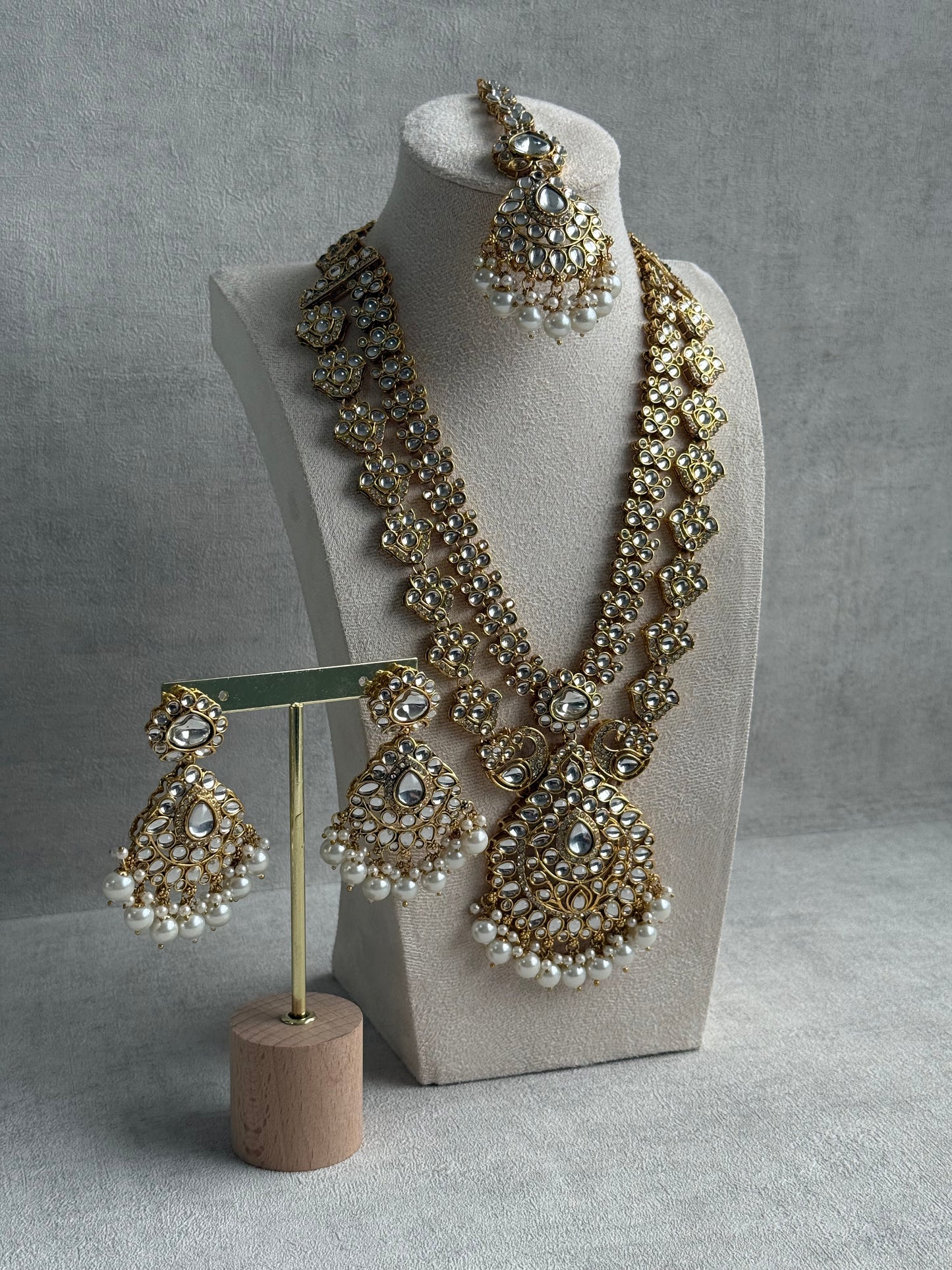 Ayura Designs Javeria Set with Earrings & Tikka – Ivory Pearls, Mirror Kundan & Gold Finish