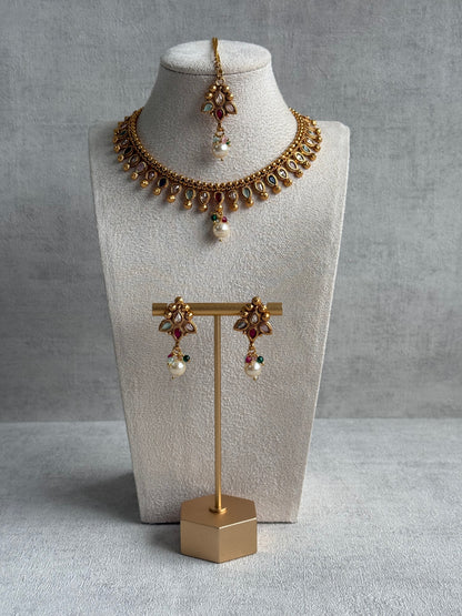 Ayura Designs Oorvi Set – Necklace, Earrings & Tikka with Mirror-Cut Multicolour Stones & Polished Gold Finish
