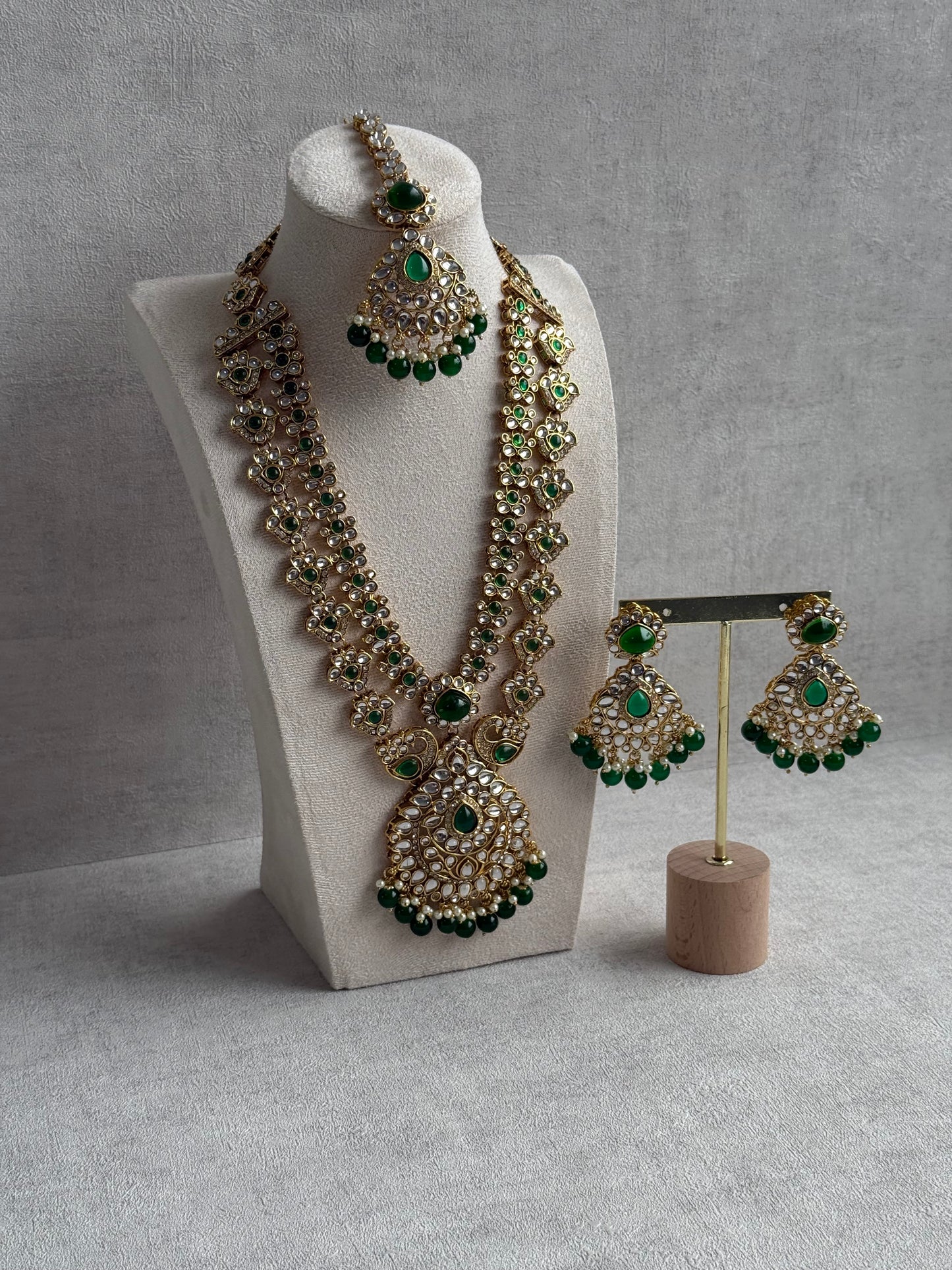 Ayura Designs Javeria Set with Earrings & Tikka – Emerald Green Stones, Mirror Kundan & Gold Finish