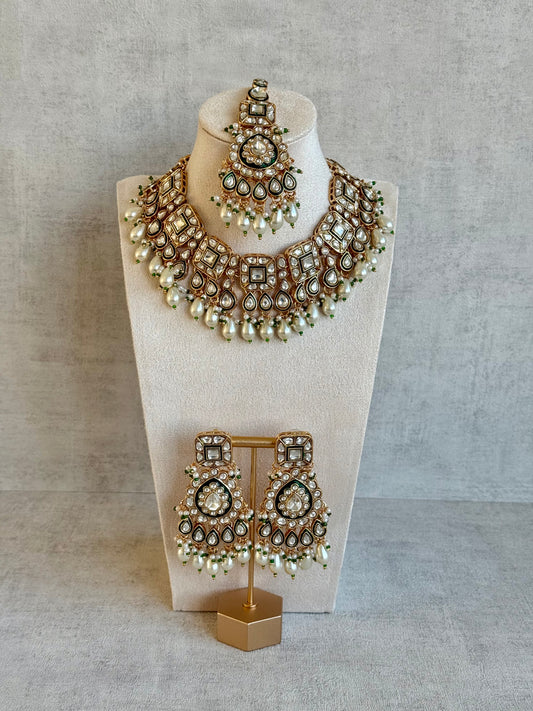 Ayura Designs Ishrat Set with Necklace, Earrings & Tikka – Kundan Detailing & Ivory Pearl Drops