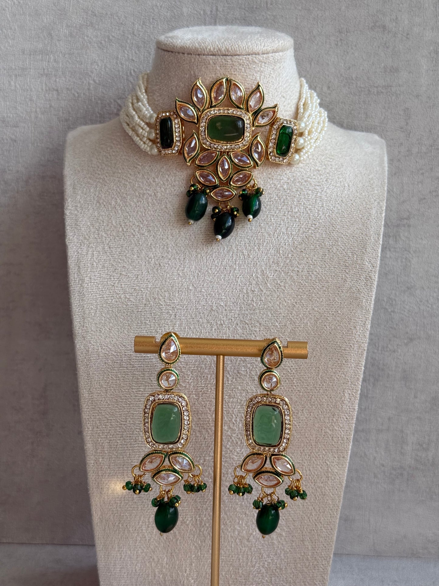 Ayura Designs Raaz Set with Necklace & Earrings – Emerald Green Stones, Kundan Detailing & Antique Gold Finish