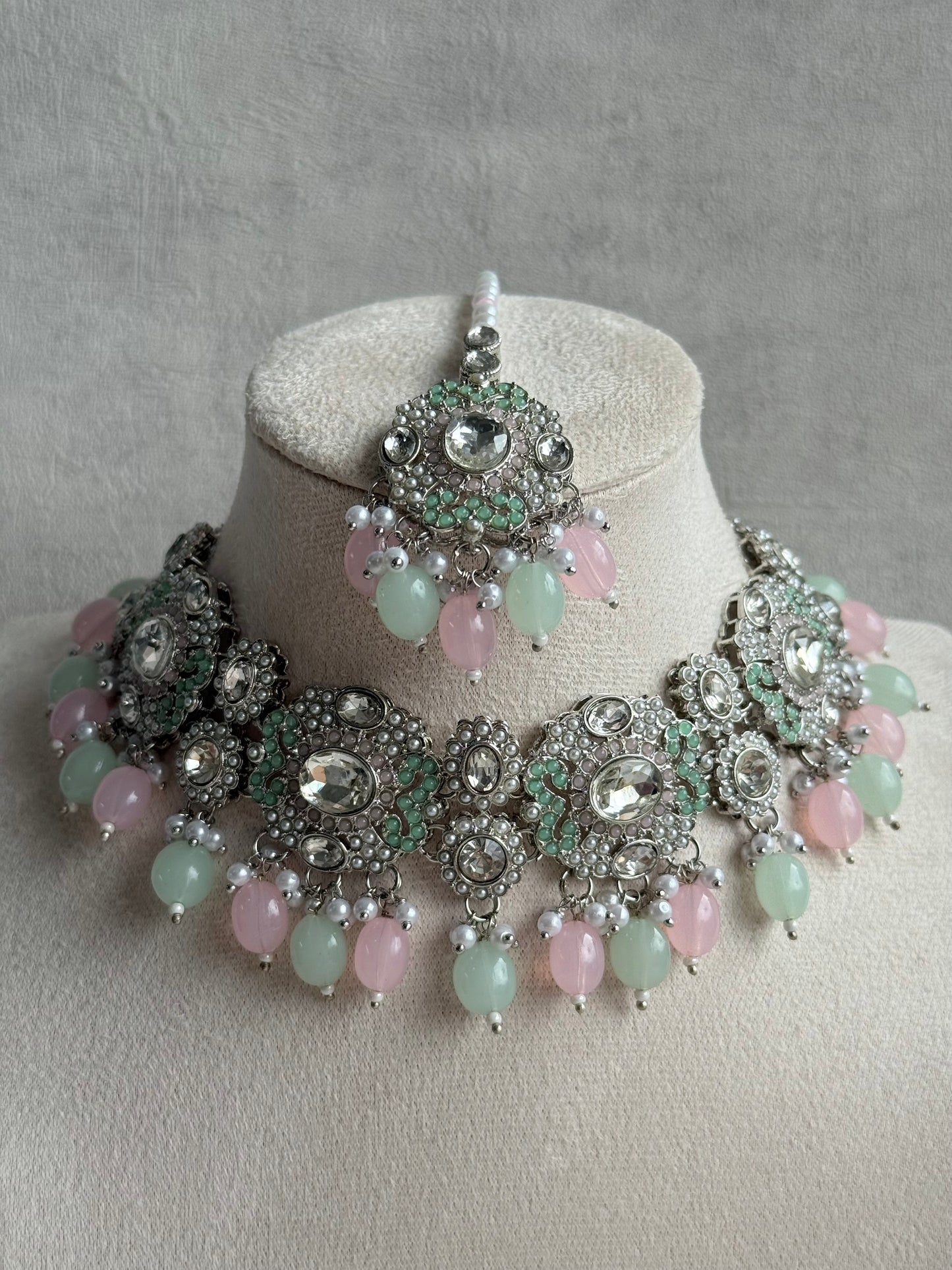 Ayura Designs Uzairah Set with Tikka & Sahare Jhumkis – Pastel Mint & Blush Beads with Pearl Strands & Mirror-Cut Detailing