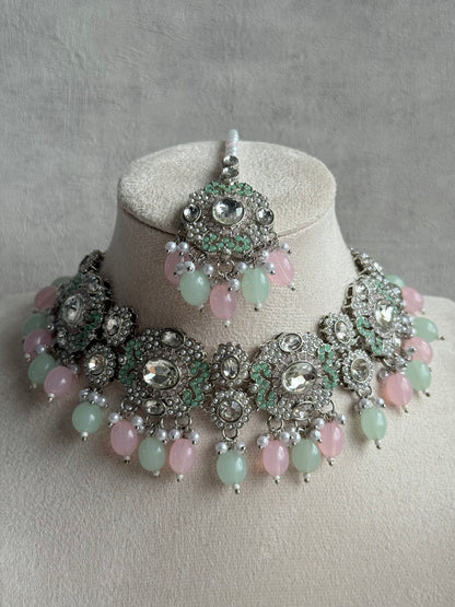 Ayura Designs Uzairah Set with Tikka & Sahare Jhumkis – Pastel Mint & Blush Beads with Pearl Strands & Mirror-Cut Detailing