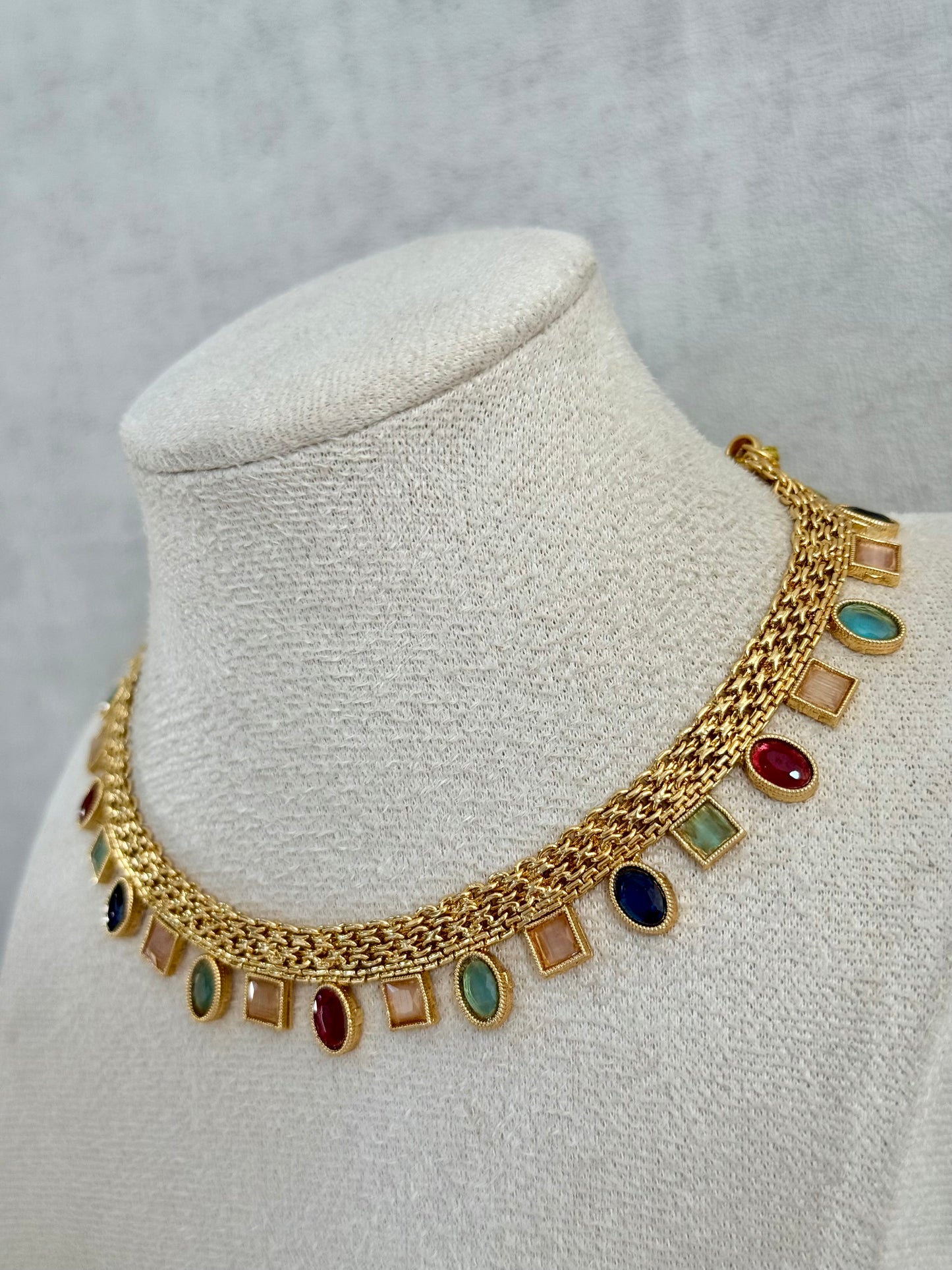Ayura Designs Bhawani Set with Necklace & Stud Earrings – Multicolour Stone Charms in Antique Gold Finish