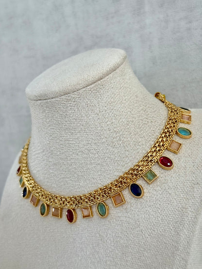 Ayura Designs Bhawani Set with Necklace & Stud Earrings – Multicolour Stone Charms in Antique Gold Finish