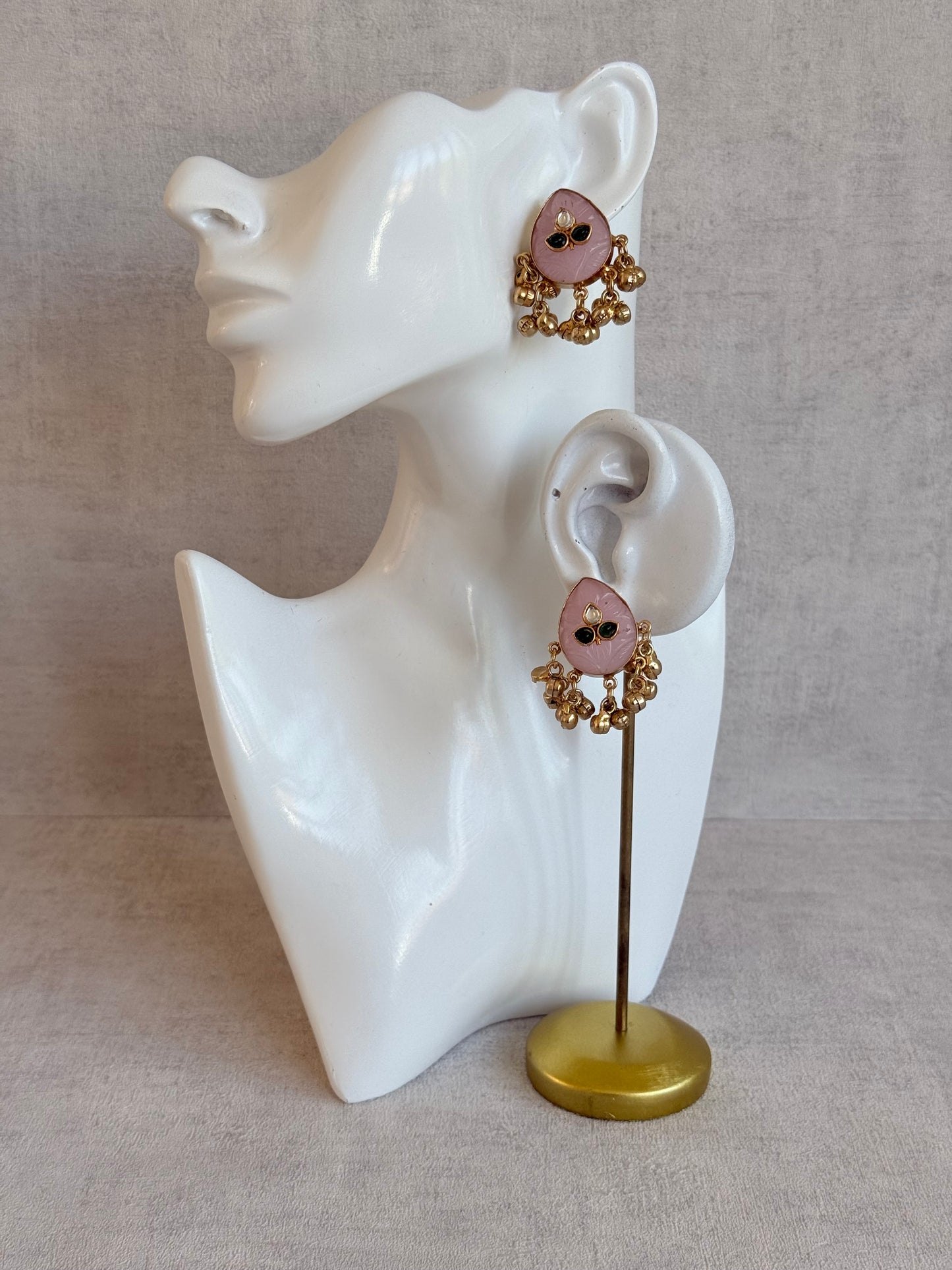 Ayura Designs Aykai Earrings – Baby Pink Carved Teardrop Stud Earrings with Clear Kundan Stones and Gold Ghungroo Drops