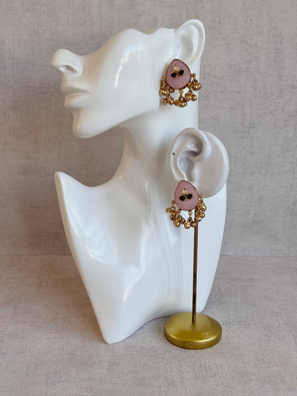 Ayura Designs Aykai Earrings – Baby Pink Carved Teardrop Stud Earrings with Clear Kundan Stones and Gold Ghungroo Drops
