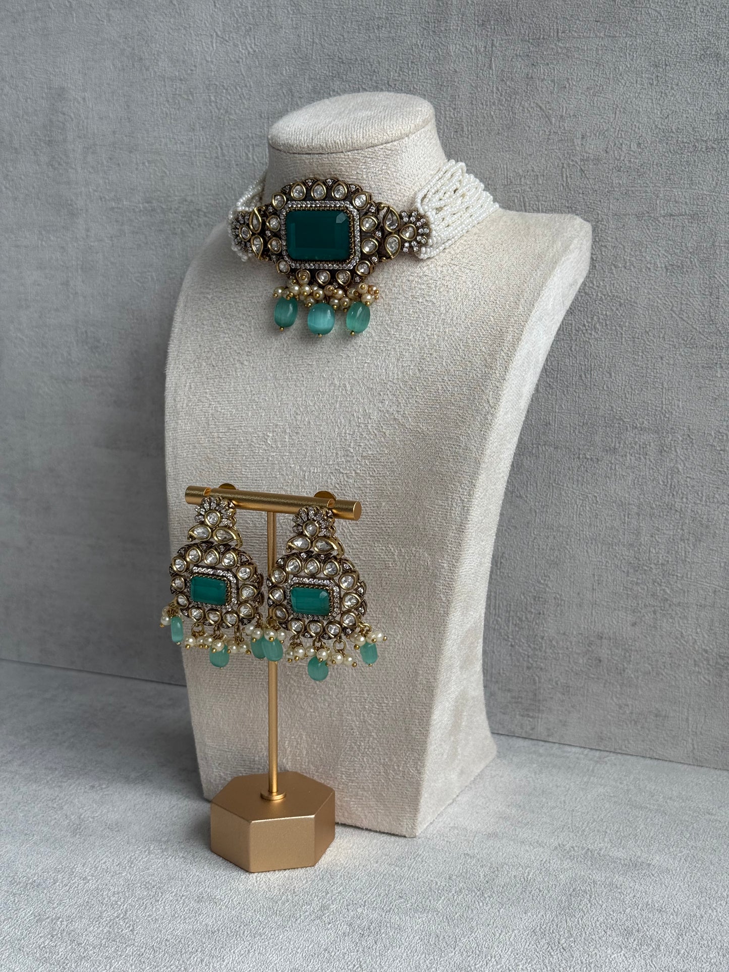 Ayura Designs Eva Choker Set with Earrings – Mirror-Cut Kundan, Pearl Strands & Mint-Green Stones in Antique Gold Finish