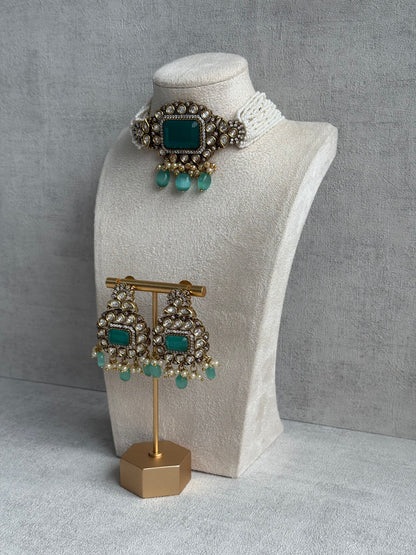 Ayura Designs Eva Choker Set with Earrings – Mirror-Cut Kundan, Pearl Strands & Mint-Green Stones in Antique Gold Finish