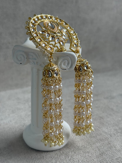 Ayura Designs Kamya Hair Brooch – Polki Crescent with Pearl Tassels in Gold Finish