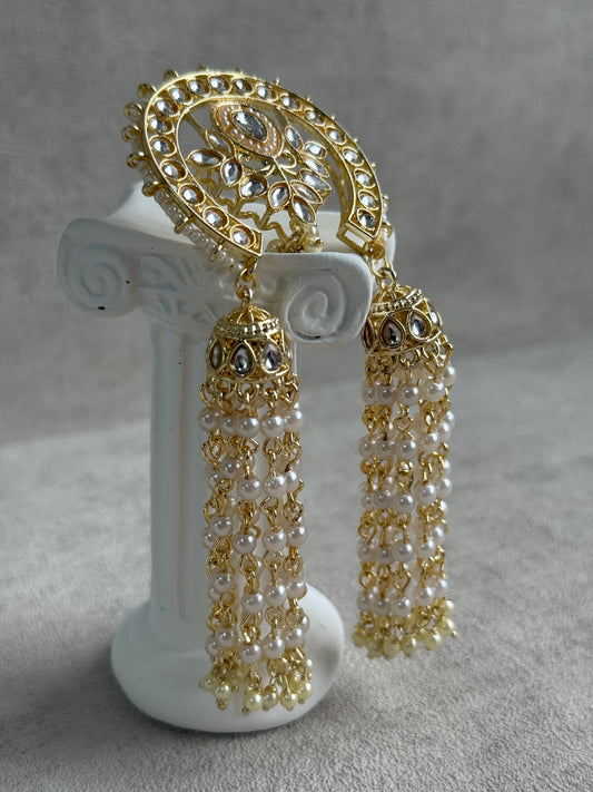 Ayura Designs Kamya Hair Brooch – Polki Crescent with Pearl Tassels in Gold Finish