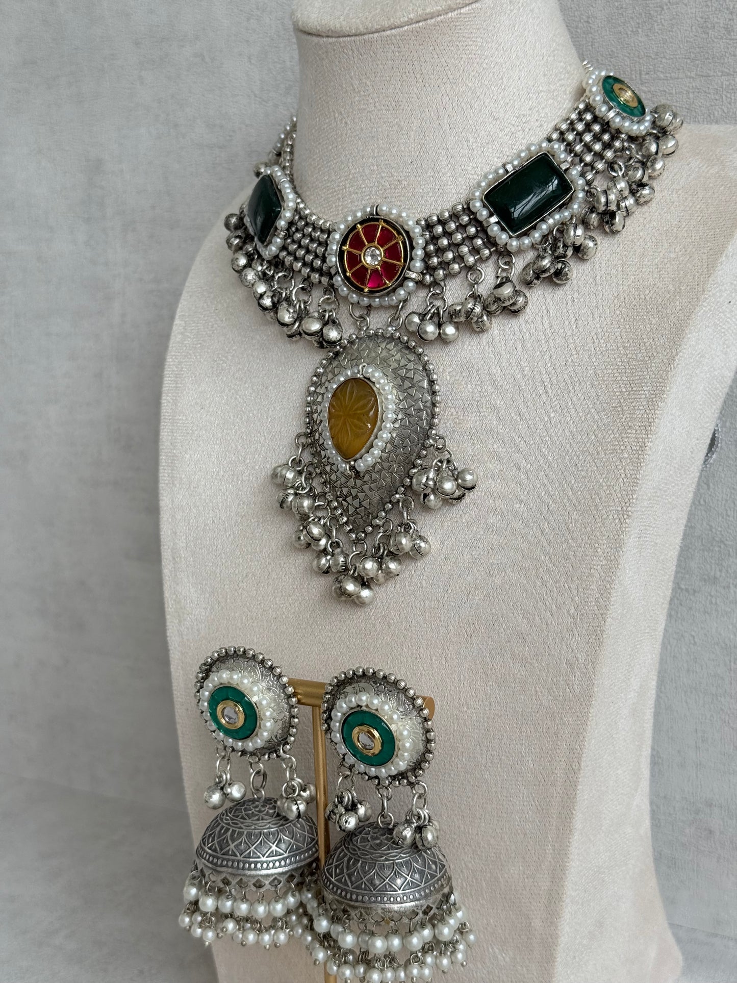 Ayura Designs Izel Necklace Set with Jhumkis – Oxidised Silver Statement Necklace with Multicolour Stones & Ghungroo Detailing