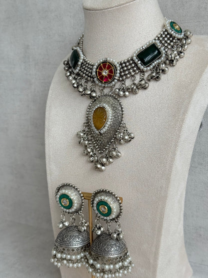Ayura Designs Izel Necklace Set with Jhumkis – Oxidised Silver Statement Necklace with Multicolour Stones & Ghungroo Detailing