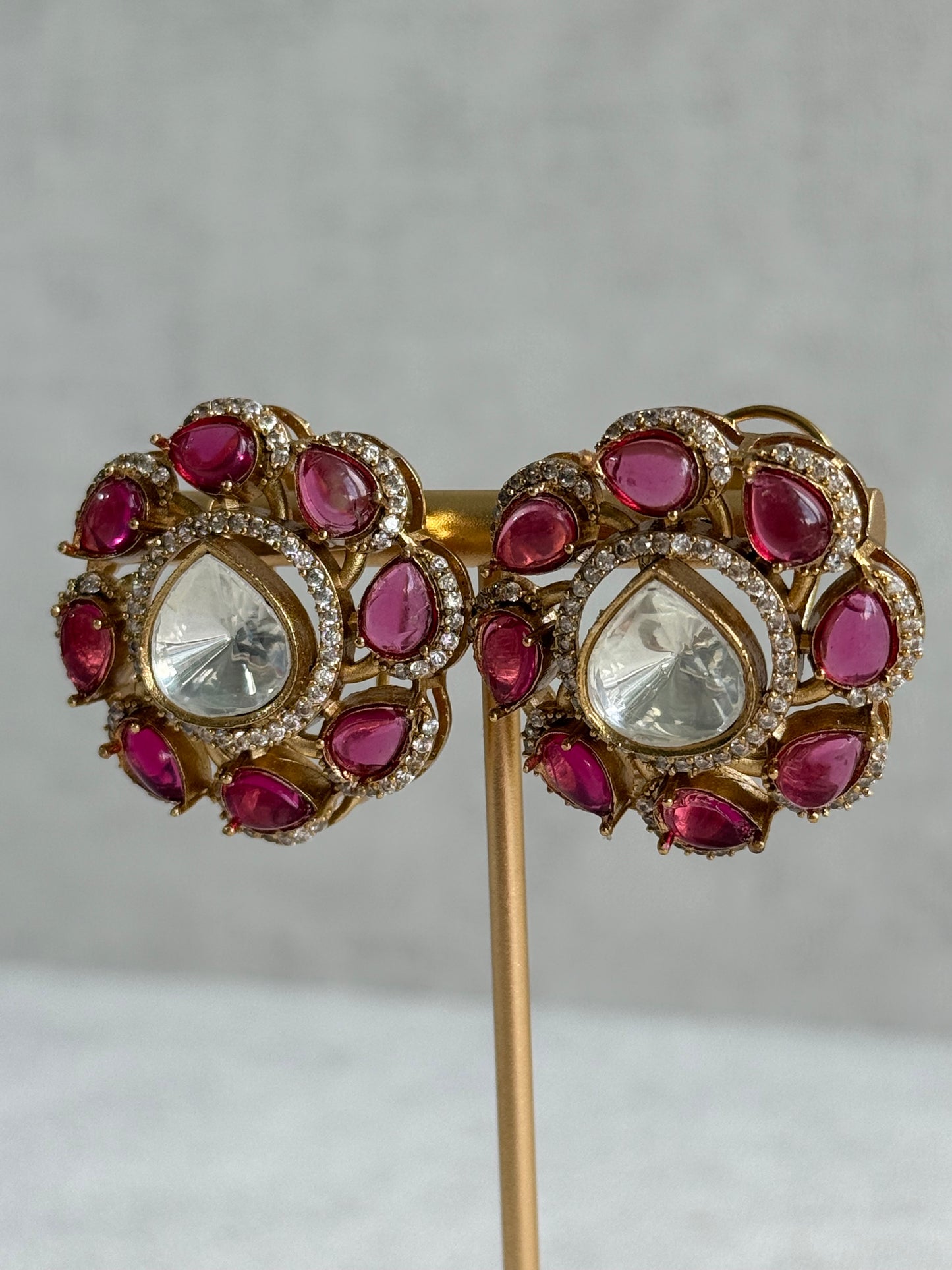 Ayura Designs Giana Stud Earrings – Rani Pink & Crystal Kundan with Gold Finish
