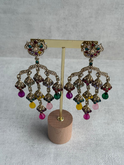 Ayura Designs Jasmine Earrings – Chandelier Earrings with Multicolour Beads & Antique Gold Detailing