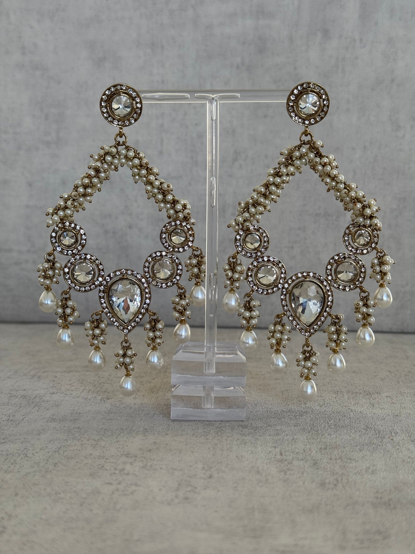 Ayura Designs Fana Chand Bali – Antique Gold Crescent Earrings with Pearls & Crystals