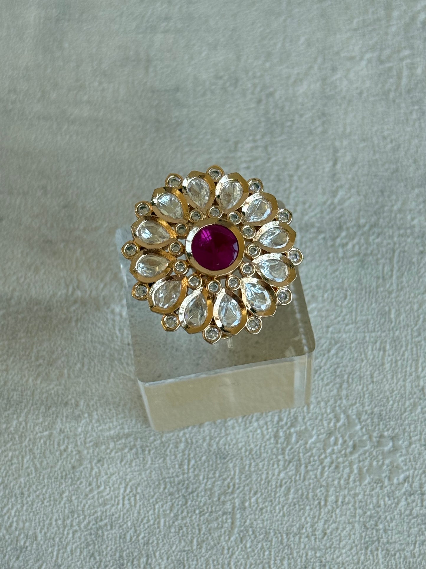 Ayura Designs Luisa Adjustable Ring – Pink Centre Stone with Crystal Petal Detailing