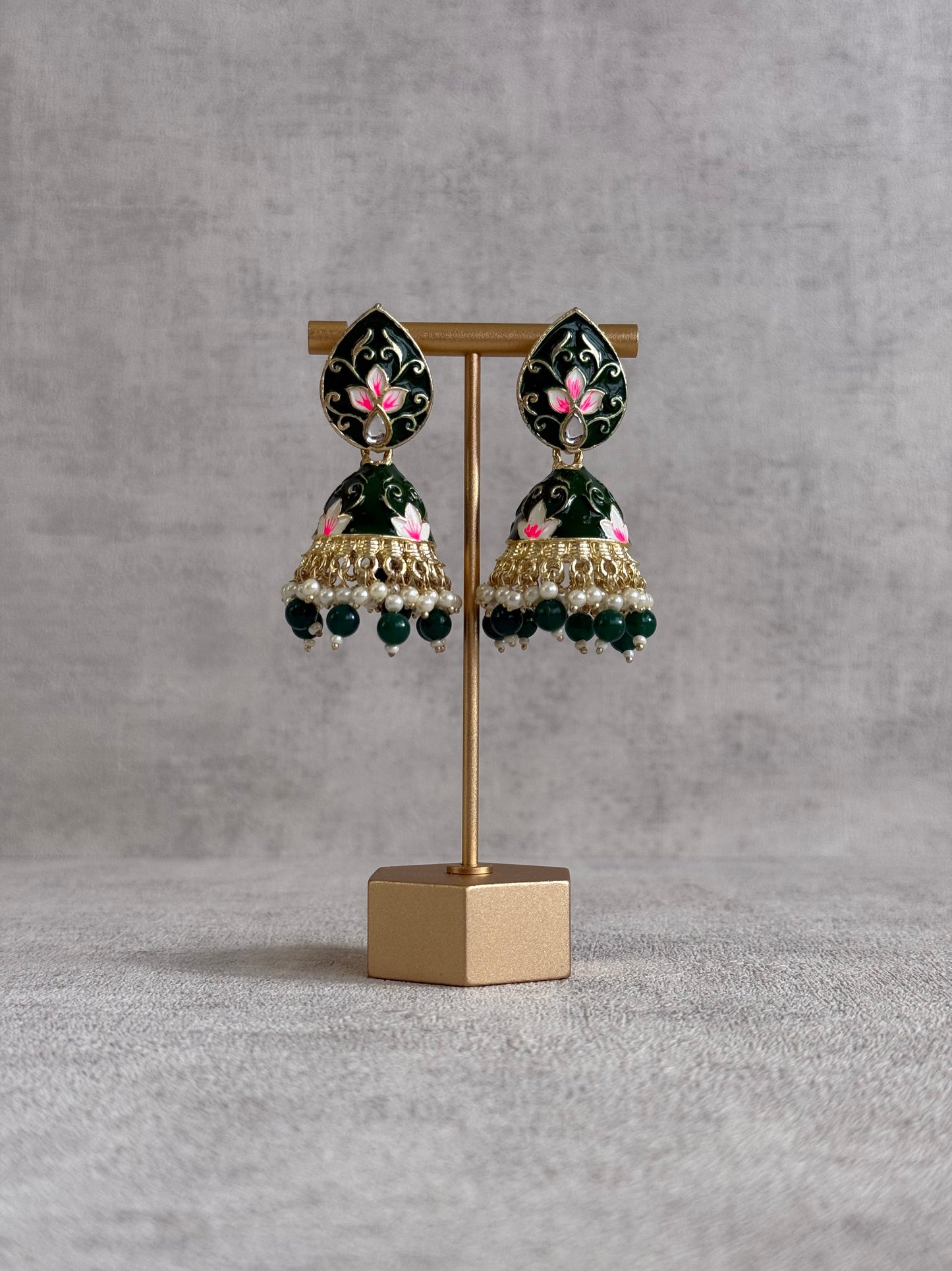 Ayura Designs Gia Jhumkis – Emerald Green Meenakari with Pink Lotus Motifs & Ivory Pearl Drops