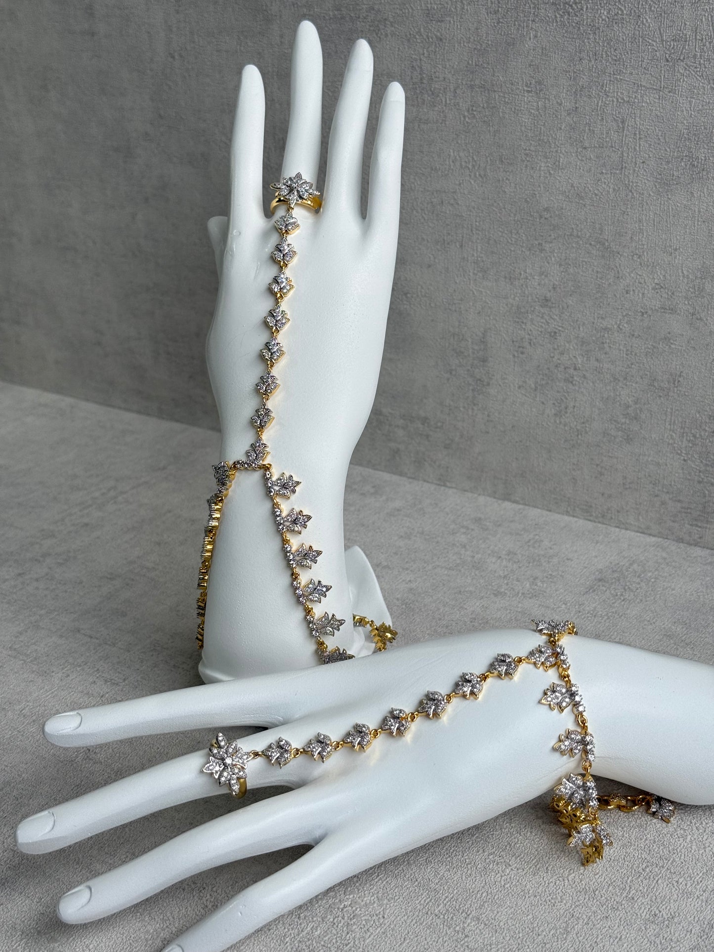 Ayura Designs Aagya Haathphool – Set of 2 Gold & Silver Ring-Bracelet Chains with Floral Diamond-Cut Detailing