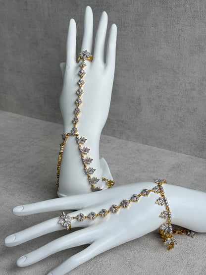 Ayura Designs Aagya Haathphool – Set of 2 Gold & Silver Ring-Bracelet Chains with Floral Diamond-Cut Detailing