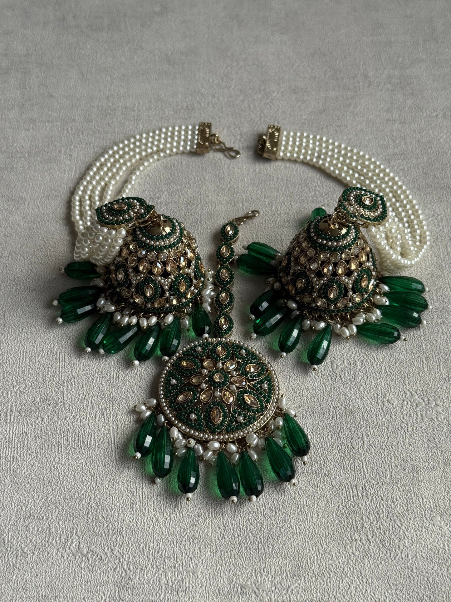 Ayura Designs Amrita Set – Jhumkis with Sahare & Tikka in Emerald Green Beads, Pearls and Antique Gold Finish