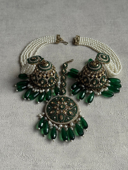 Ayura Designs Amrita Set – Jhumkis with Sahare & Tikka in Emerald Green Beads, Pearls and Antique Gold Finish