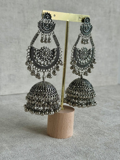 Ayura Designs Jhoomar Jhumkis – Oxidised Silver Earrings with Tribal Motifs, Ghungroos & Sahare