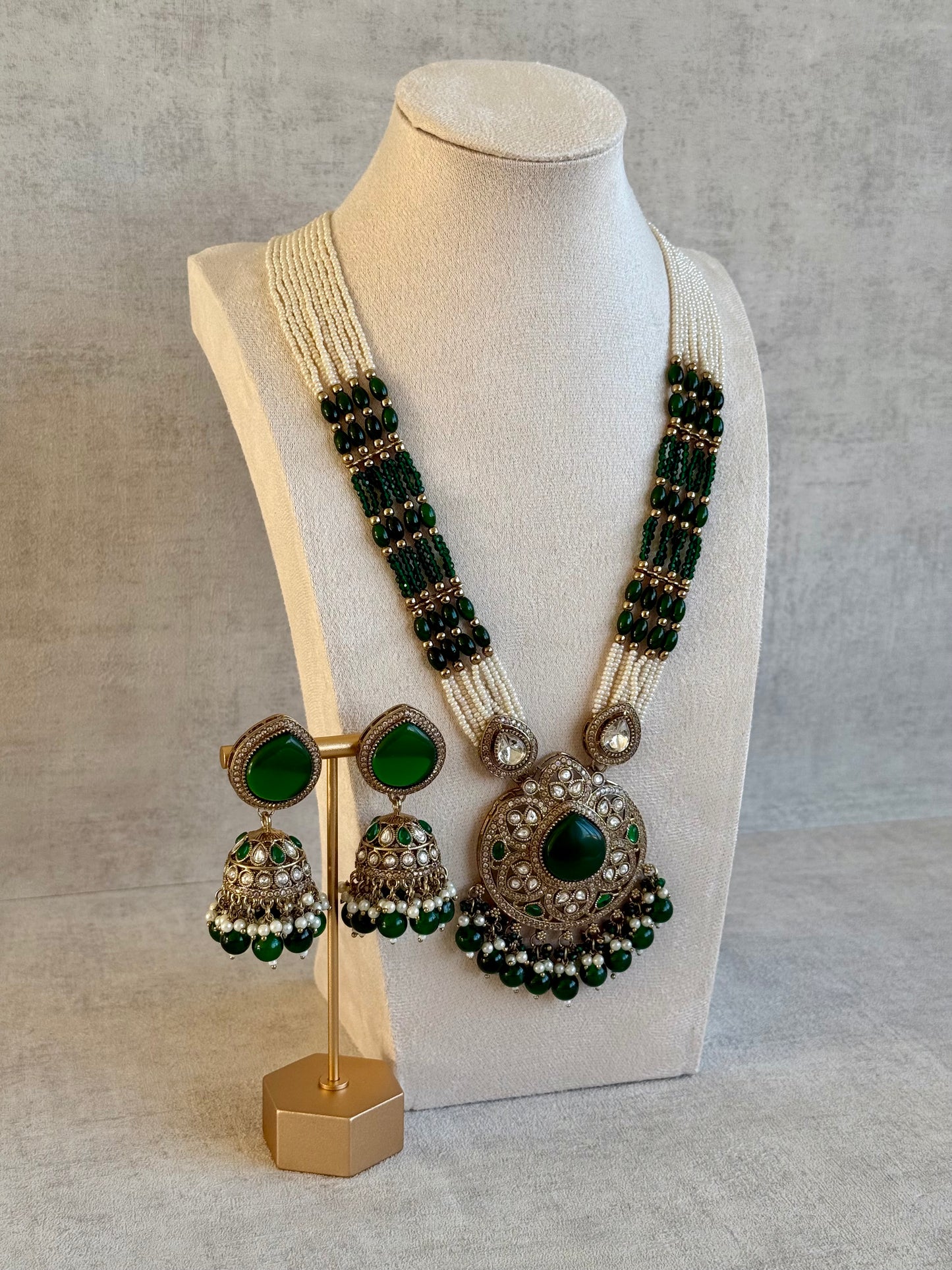 Ayura Designs Brielle Set – Necklace & Jhumkis with Mirror-Cut Stones, Emerald Green & Ivory Beads