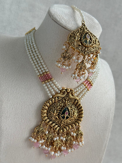 Ayura Designs Afia Necklace Set with Earrings & Tikka – Antique Gold, Blush Pink Pearls, Green Centre Stone & Peacock Motifs