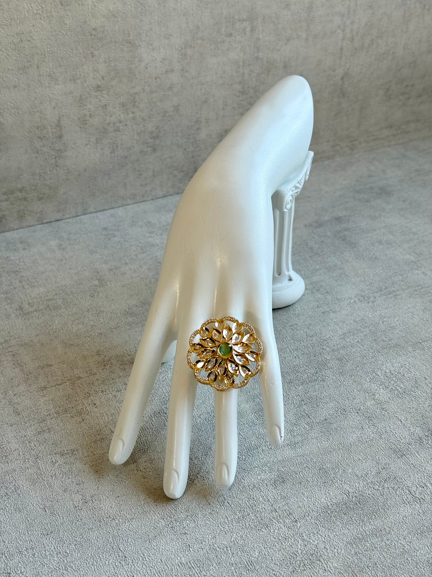 Ayura Designs Elisa Adjustable Ring – Moissanite Floral Ring with Mint Green Centre & Crystal Border