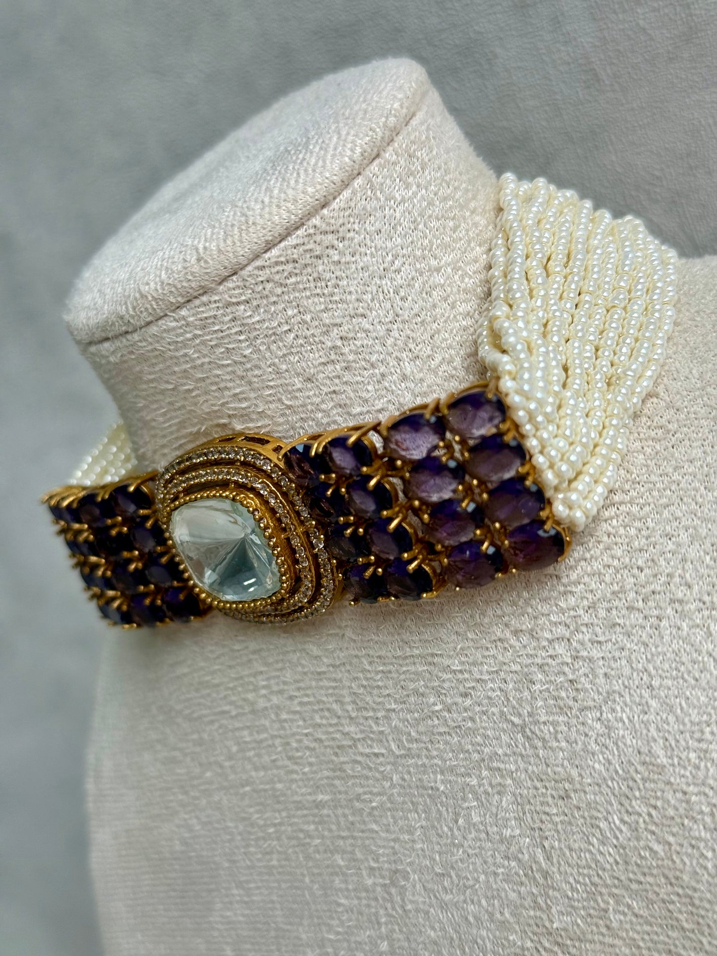 Ayura Designs Emma Choker Set – Deep Violet Gemstone Choker & Studs with Mirror-Cut Centrepiece, Pearl Strands & Crystal Borders