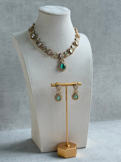 Ayura Designs Gazia Necklace Set with Earrings – Kundan, Mint Green Stones & Gold Finish