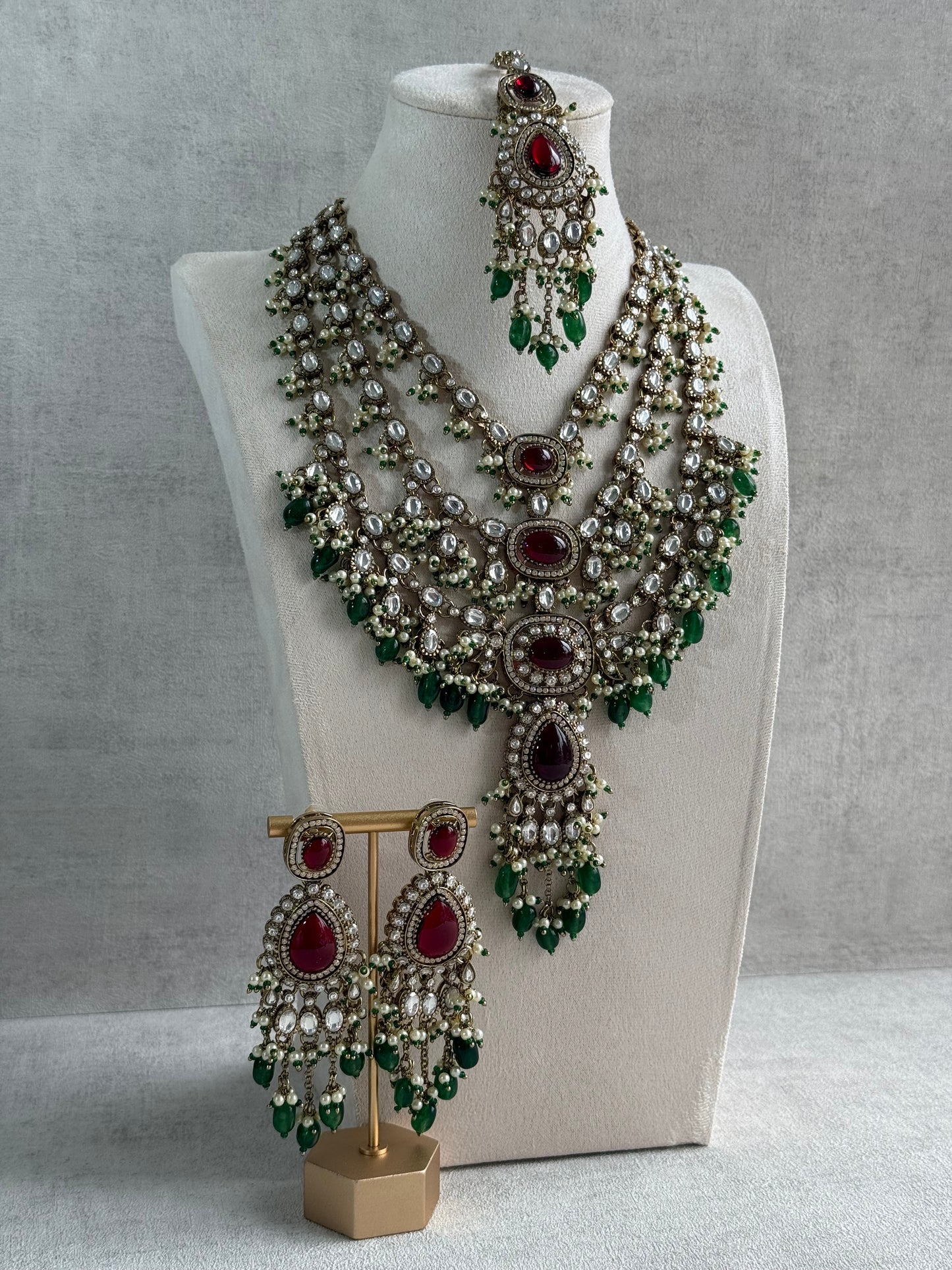 Ayura Designs Sahra Bridal Set with Earrings & Tikka – Ruby Red, Emerald Green, Kundan Stones & Pearls in Antique Gold Finish