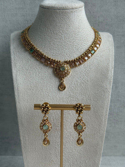 Ayura Designs Nithya Set – Gold Necklace & Earrings with Mint & Blush Stones and Mint Centre